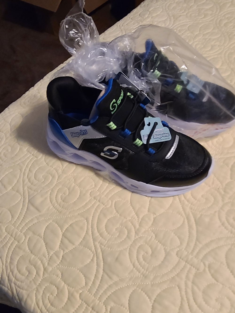 Skechers Kids Black Sneakers with Blue and Neon Green Accents Size 1